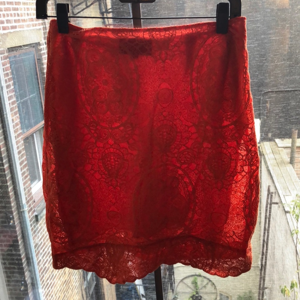 Cynthia Rowley red lace midi skirt